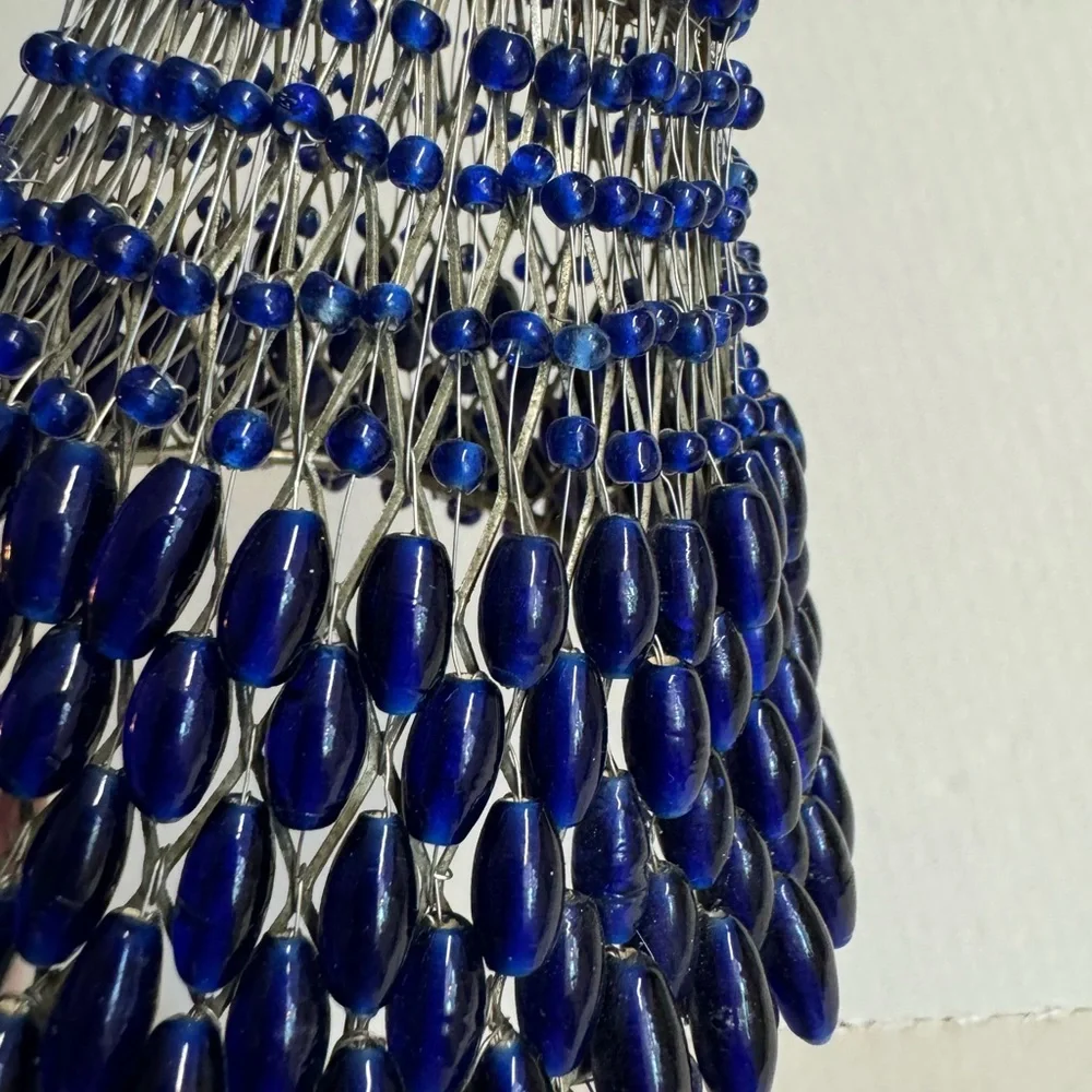 Vtg Cobalt Blue Glass Bead Shaded Votive candle holder with pewter 3 leg base.